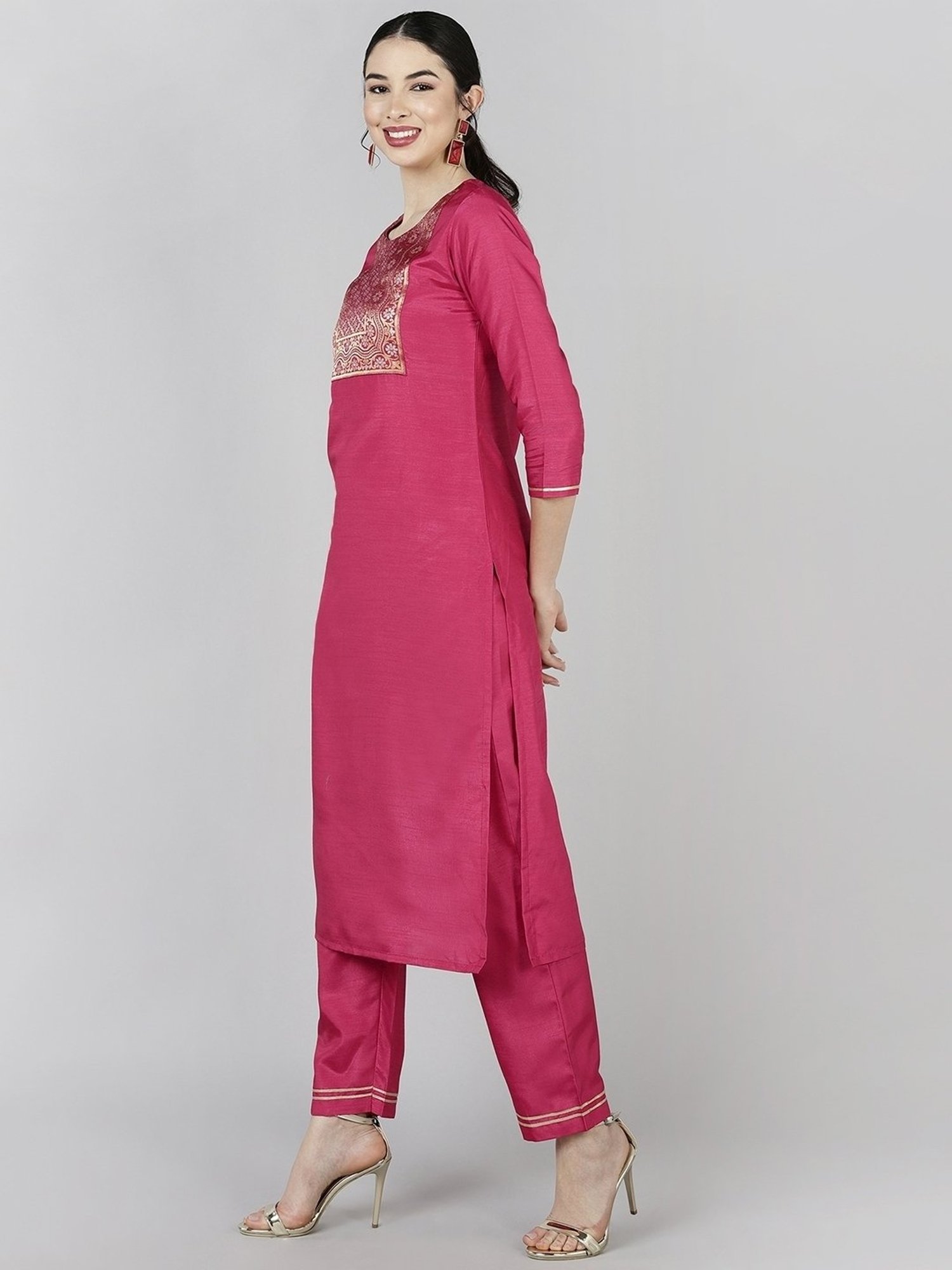 Vaamsi Pink Woven Pattern Kurta Pant Set With Dupatta