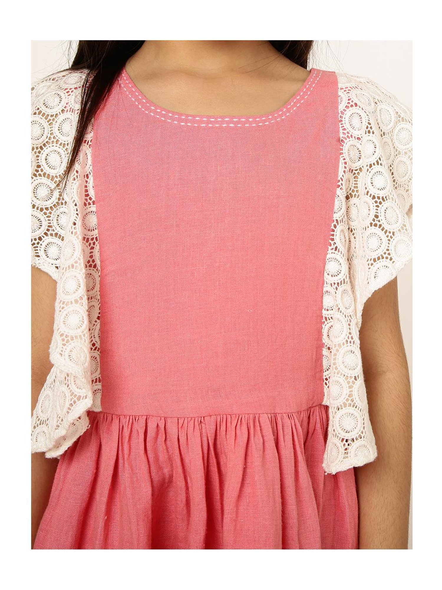 A Little Fable Girls Coral & White Self Design Dress