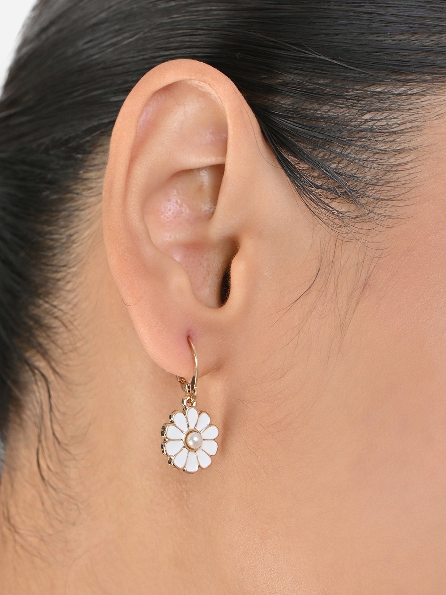 Toniq Gold Floral White Enamel Drop Earrings