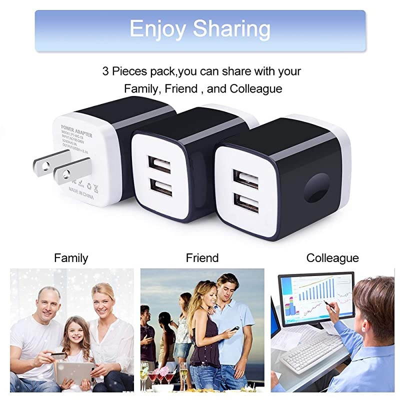 Wall ChargerPhone Charging Block3Pack 21A Dual Port Wall Plug Head Travel Adapter Cube Compatible iPhone 11 Pro Max XS XR X 8 7 6 PlusSamsung Galaxy A11 S20 S20+ S10e S10 S9 Note 10 10+ 9 8