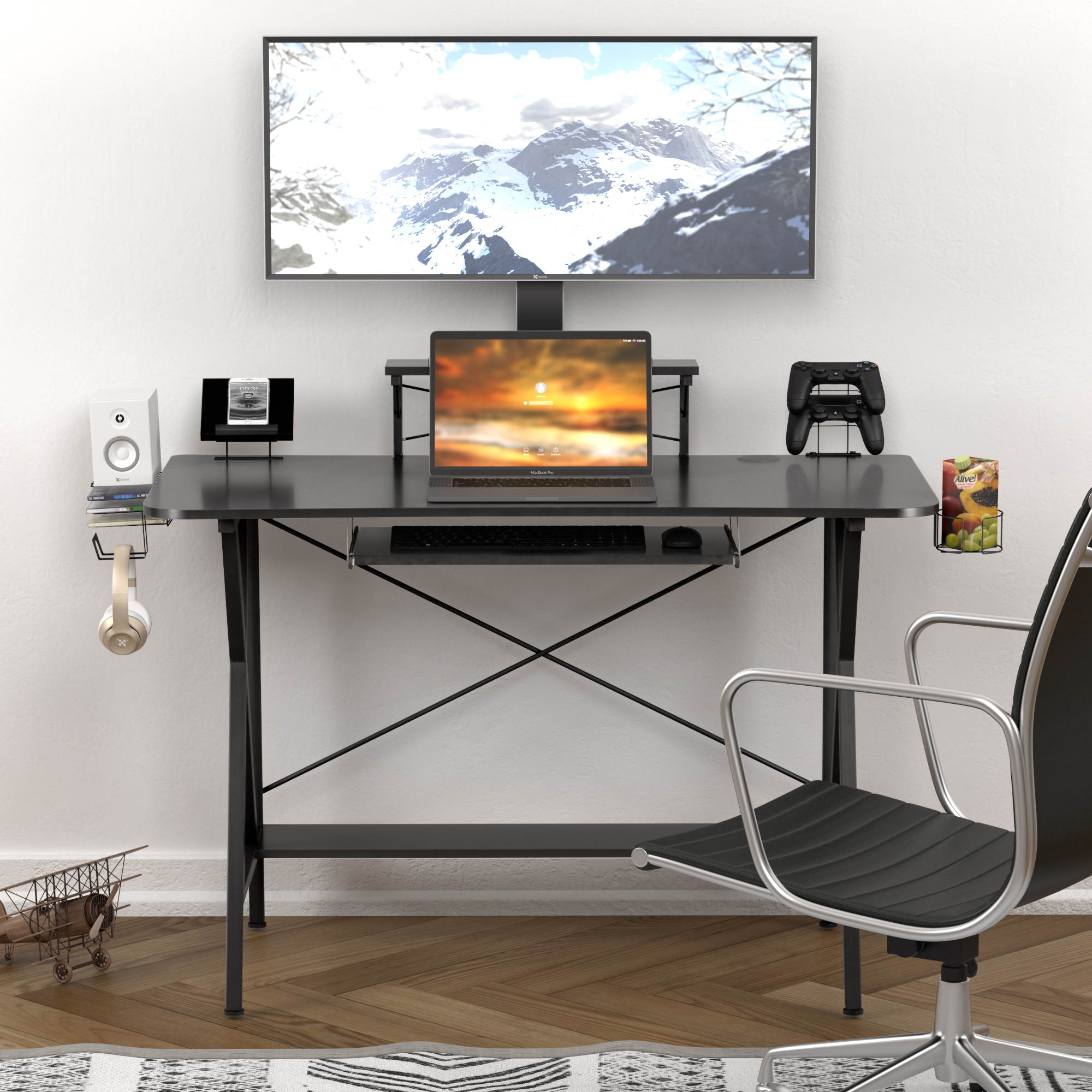 47" Gaming Desk Table E-Sports Computer Desk Gaming Workstation Desk, PC Stand Shelf Keyboard stand Power Strip with USB Cup Holder & Headphone Hook Home Office Desk Gamer Desk Writing Table