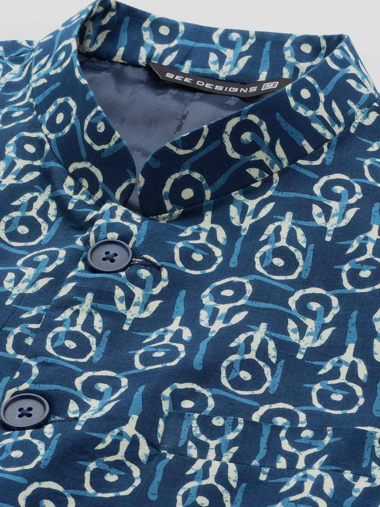See Designs Blue Cotton Regular Fit Printed Nehru Jacket
