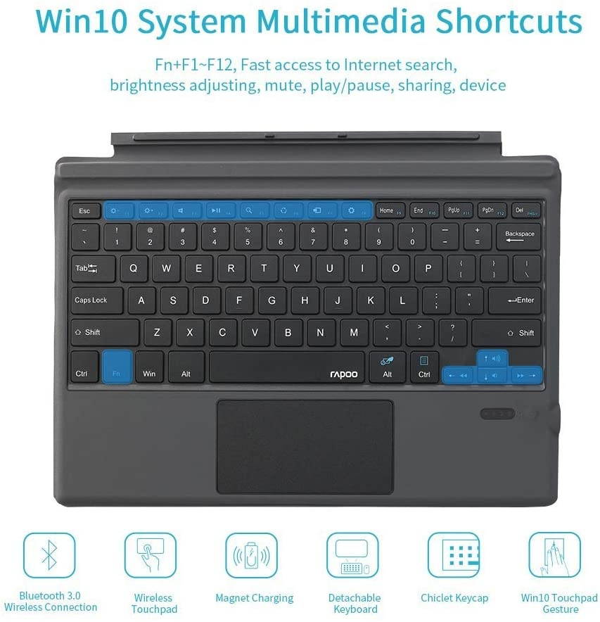 Rapoo XK200 Bluetooth Microsoft Surface Pro 7/Pro 6/Surface Pro 5 (Pro 2017)/Pro 4 12.3 inch Tablet/Surface Pro 3 2014 Keyboard Case with Trackpad - Detachable Wireless Keyboard Type Cover