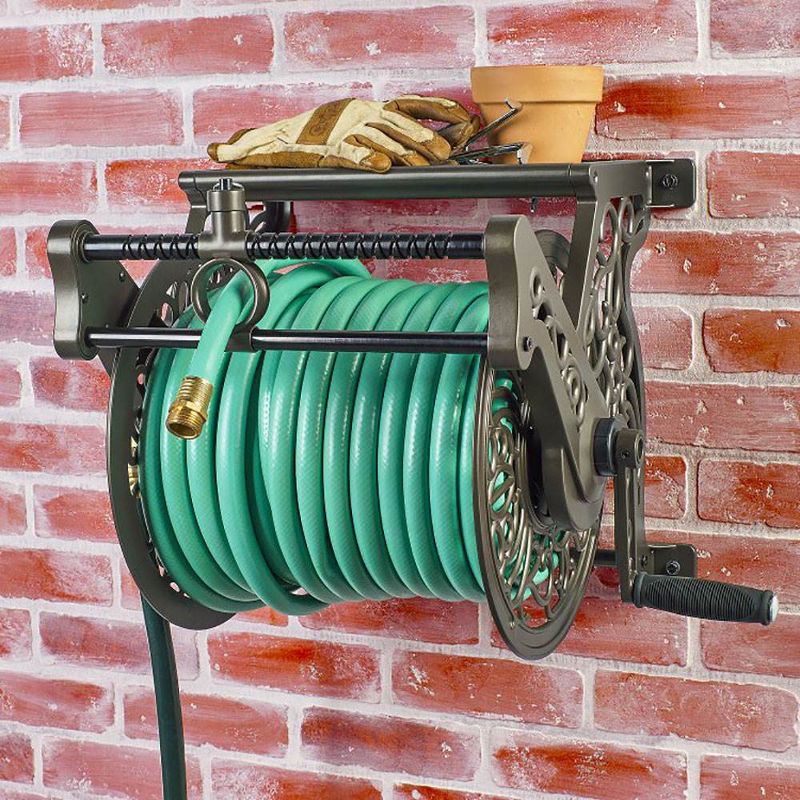Liberty Garden LBG-707 Wall Mounted Heavy Gauge Aluminum Hanging Hose Reel for 5/8" with Guide for Backyard, Garden, or Home, Bronze
