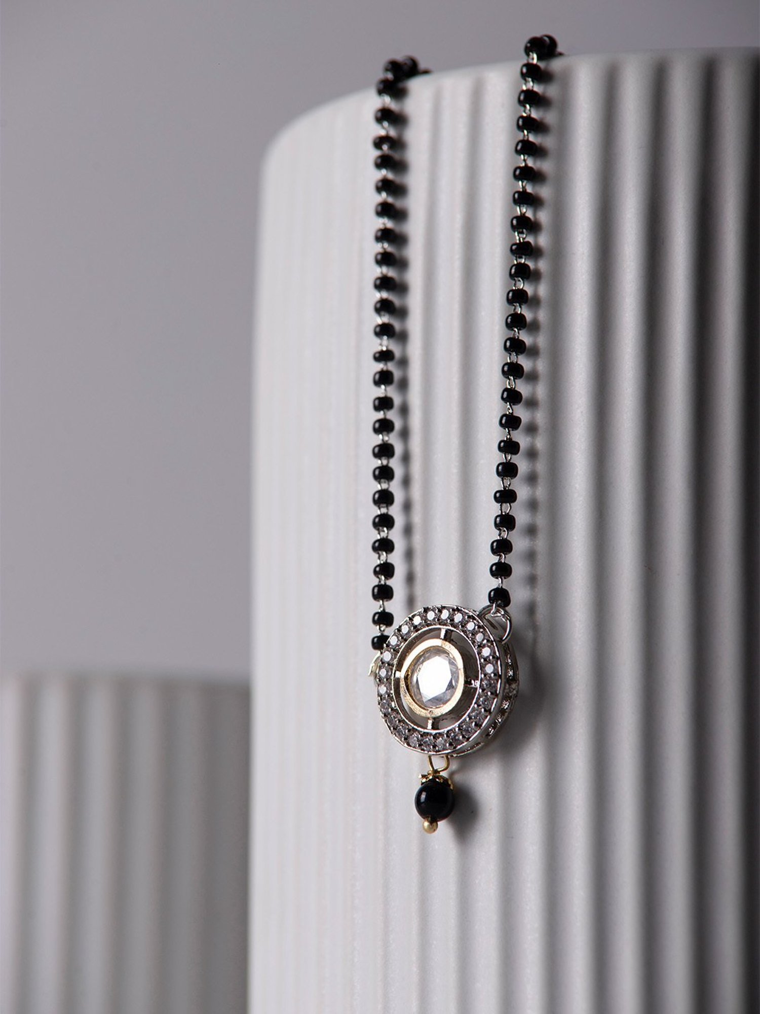 Priyaasi Silver-Plated AD Black Beads Kundan Mangalsutra