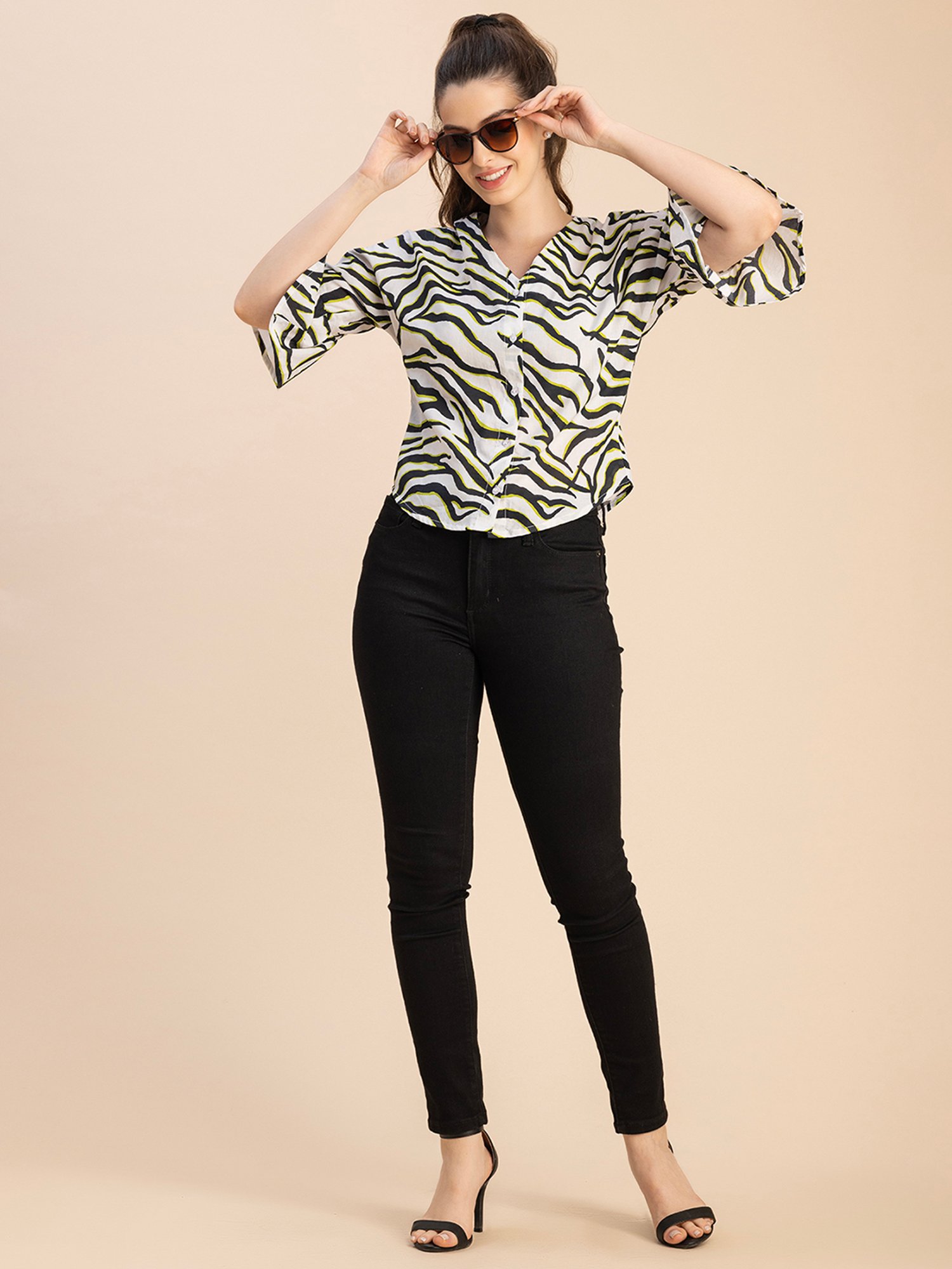 Moomaya White & Black Cotton Printed Top