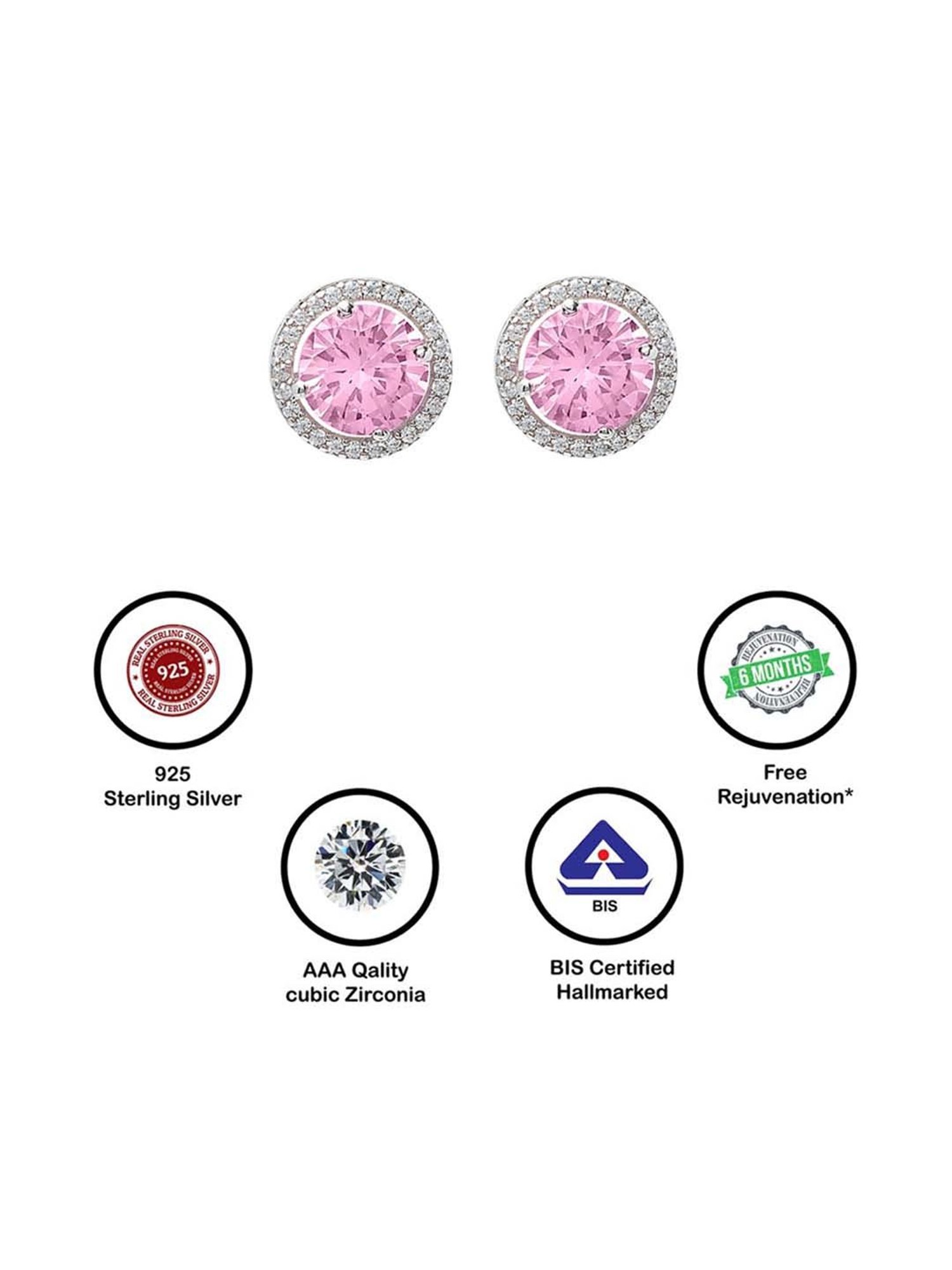 Silberry 925 Sterling Silver Pink Poise 6mm Round Stud Earrings for Women