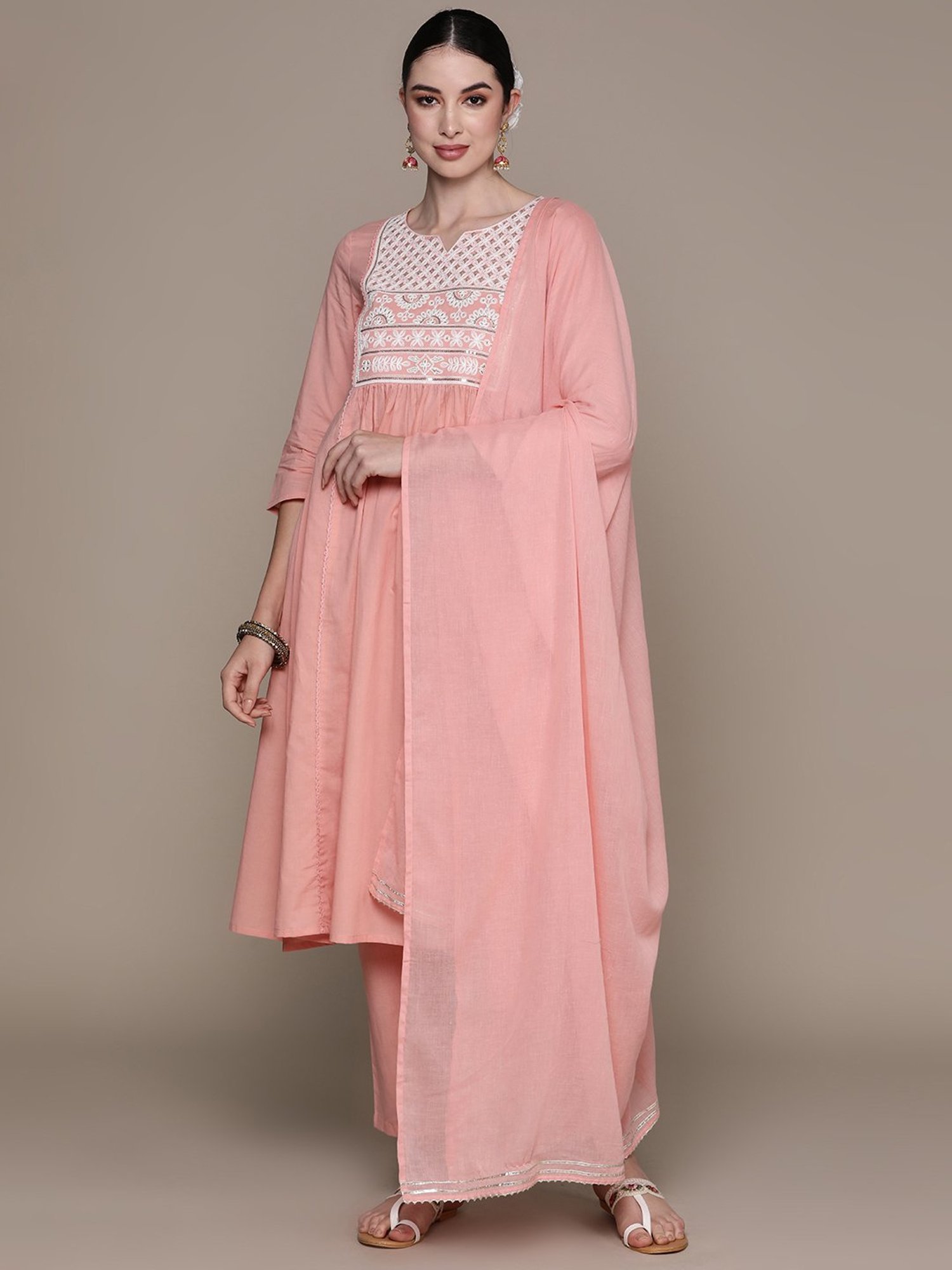 Anubhutee Pink Cotton Embroidered Kurta With Pants & Dupatta