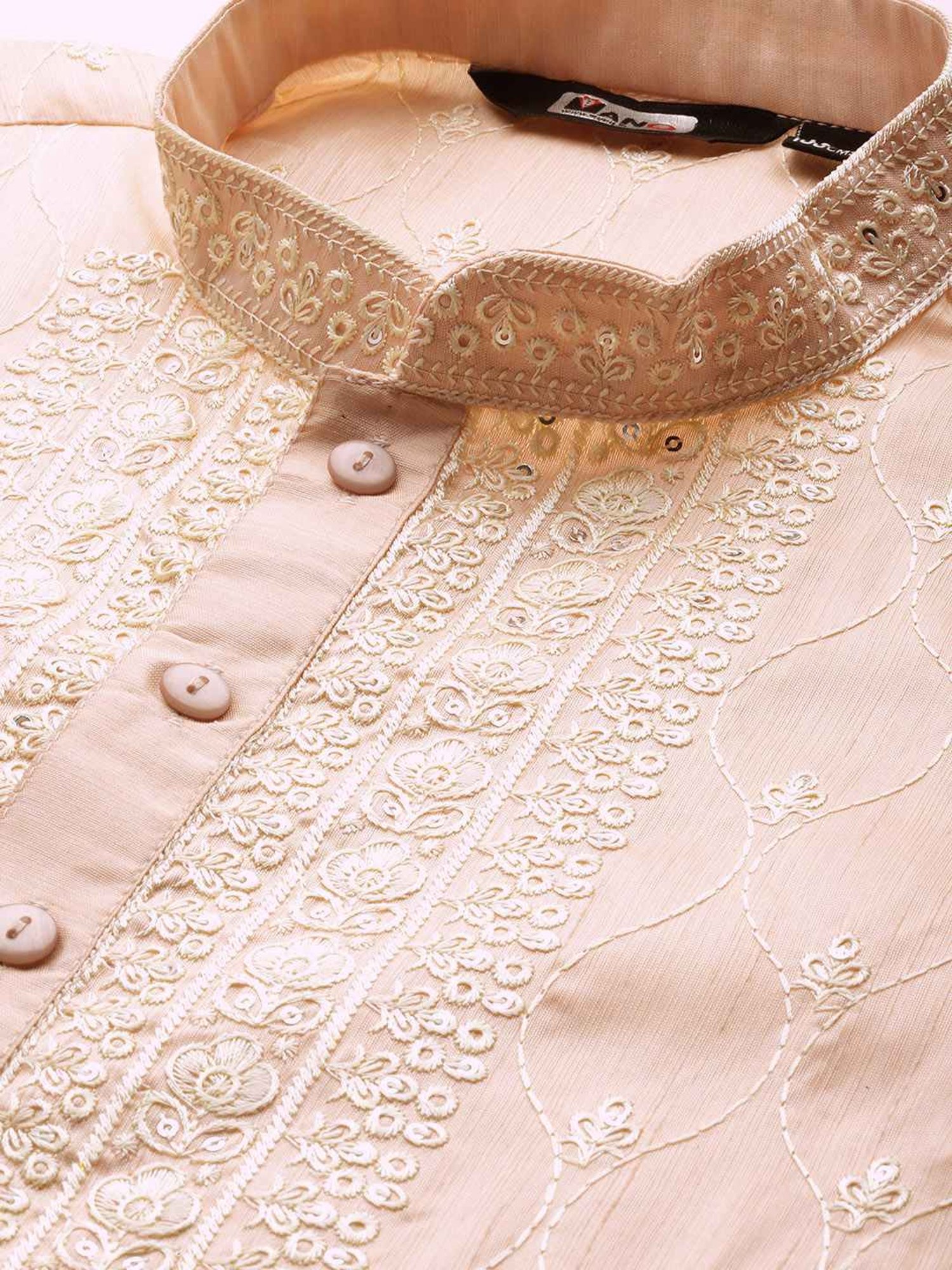 ManQ Peach Regular Fit Embroidered Kurta