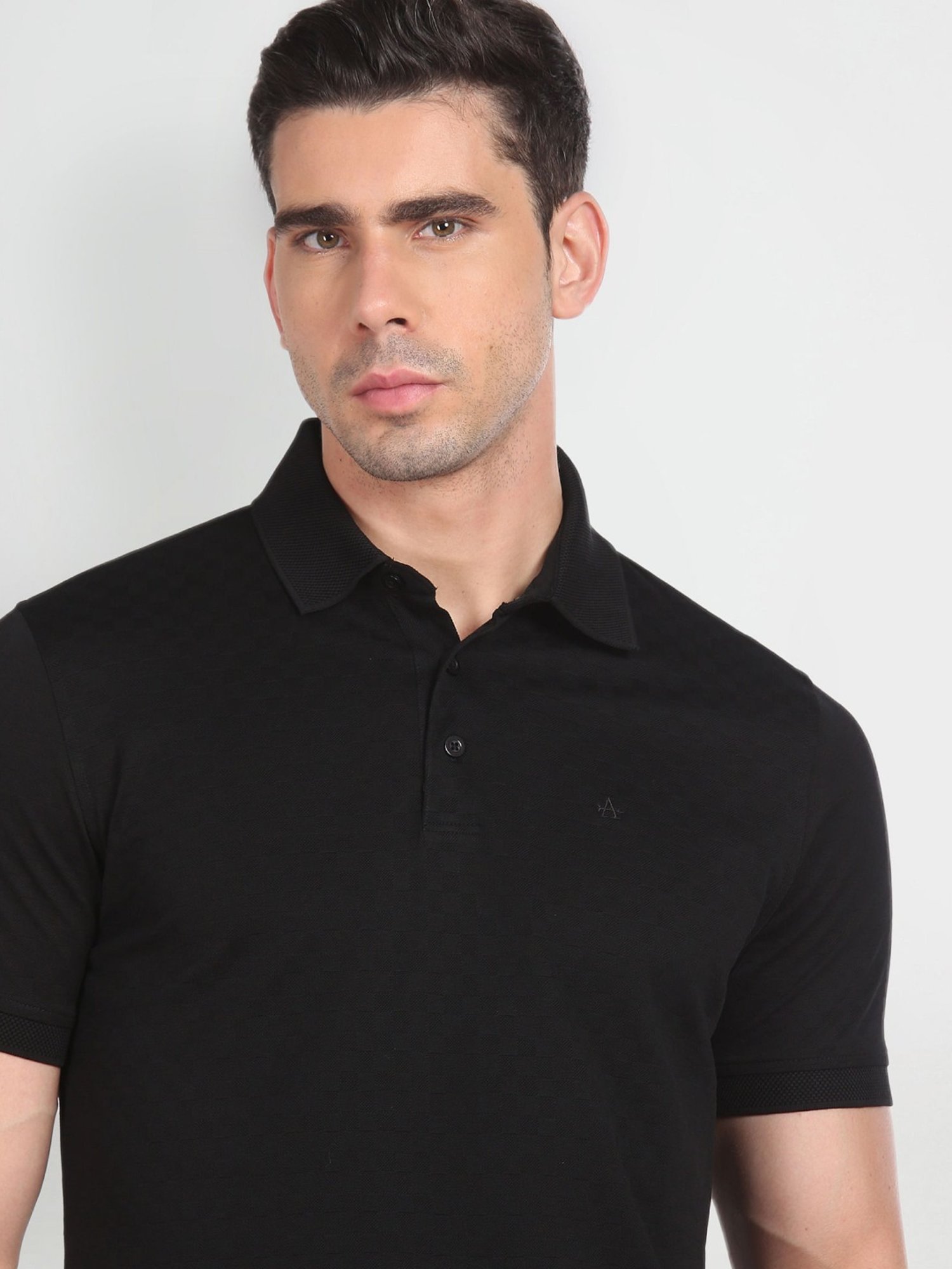 Arrow Black Cotton Regular Fit Self Pattern Polo T-Shirt