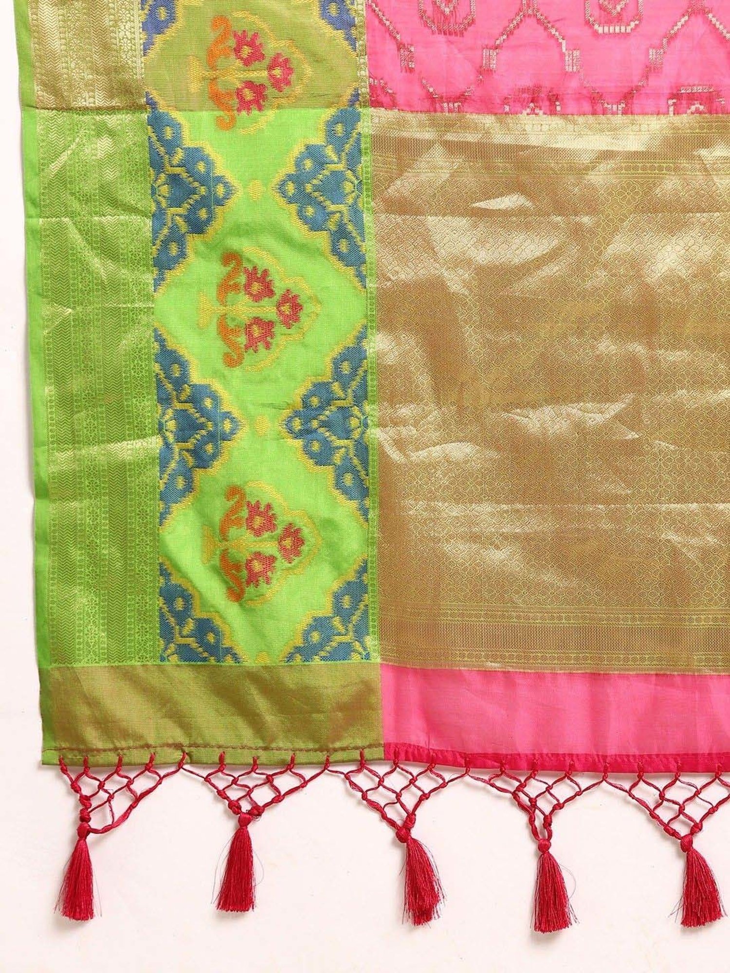 Silk Land Pink & Green Woven Saree With Unstitched Blouse