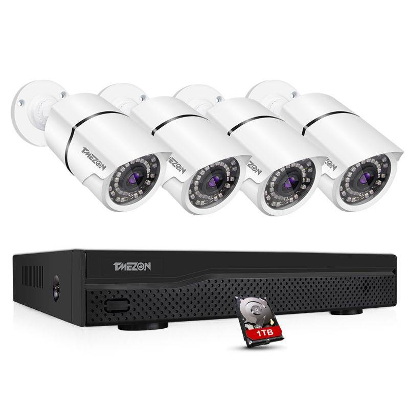TMEZON 8CH 5MP PoE Home Security Camera System, 4pcs Wired 5MP Outdoor PoE IP Cameras, 5MP 8-Channel NVR with 1TB HDD for 24/7 Recording