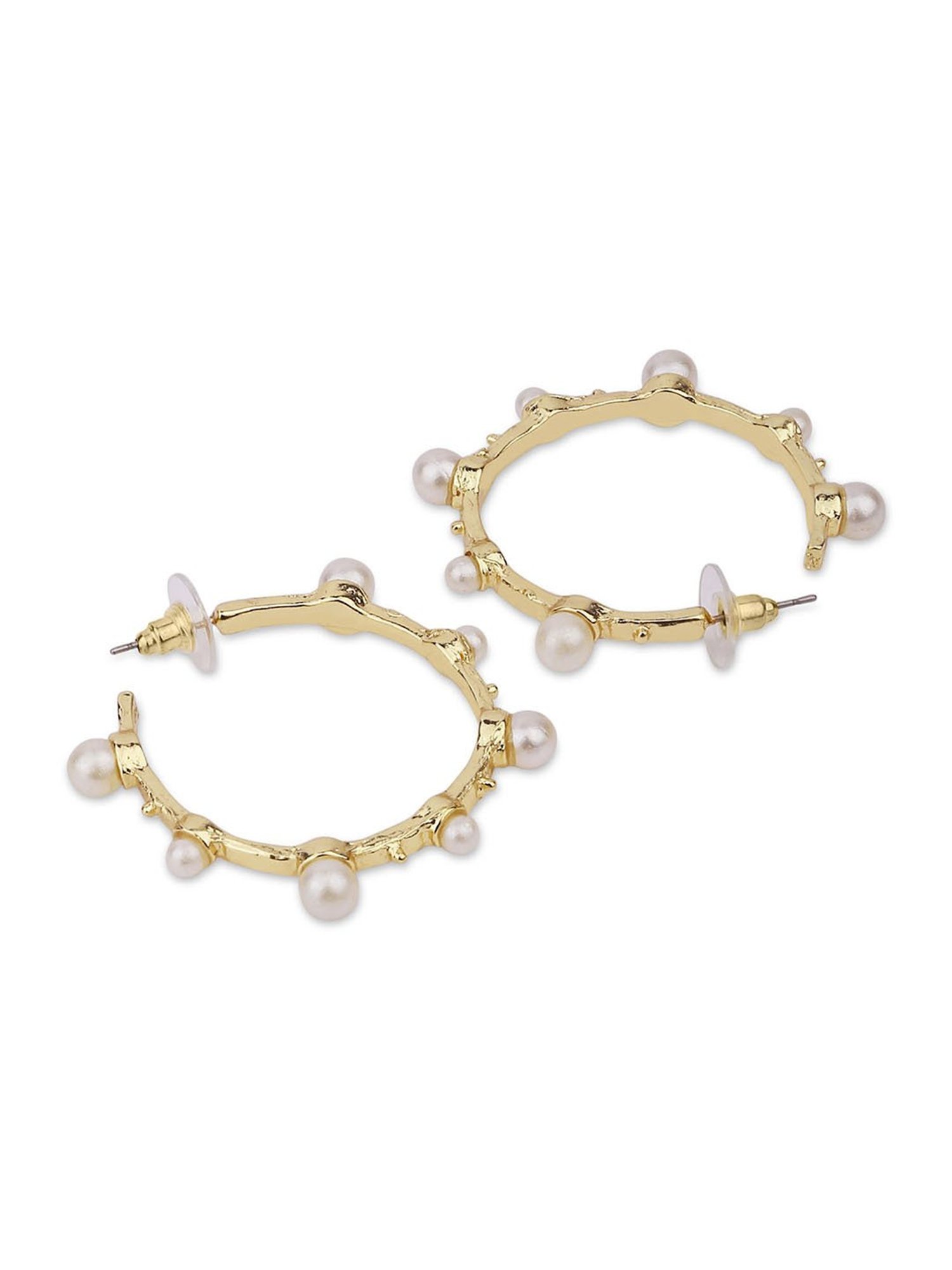 ToniQ Gold-Plated White Pearl Studded Half Hoop Earrings For Women