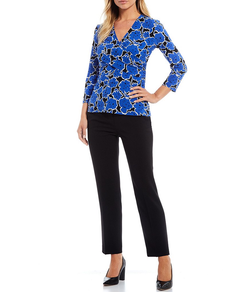 Kasper Abstract Floral Printed Knit Faux Wrap V-Neck Long Sleeve Top