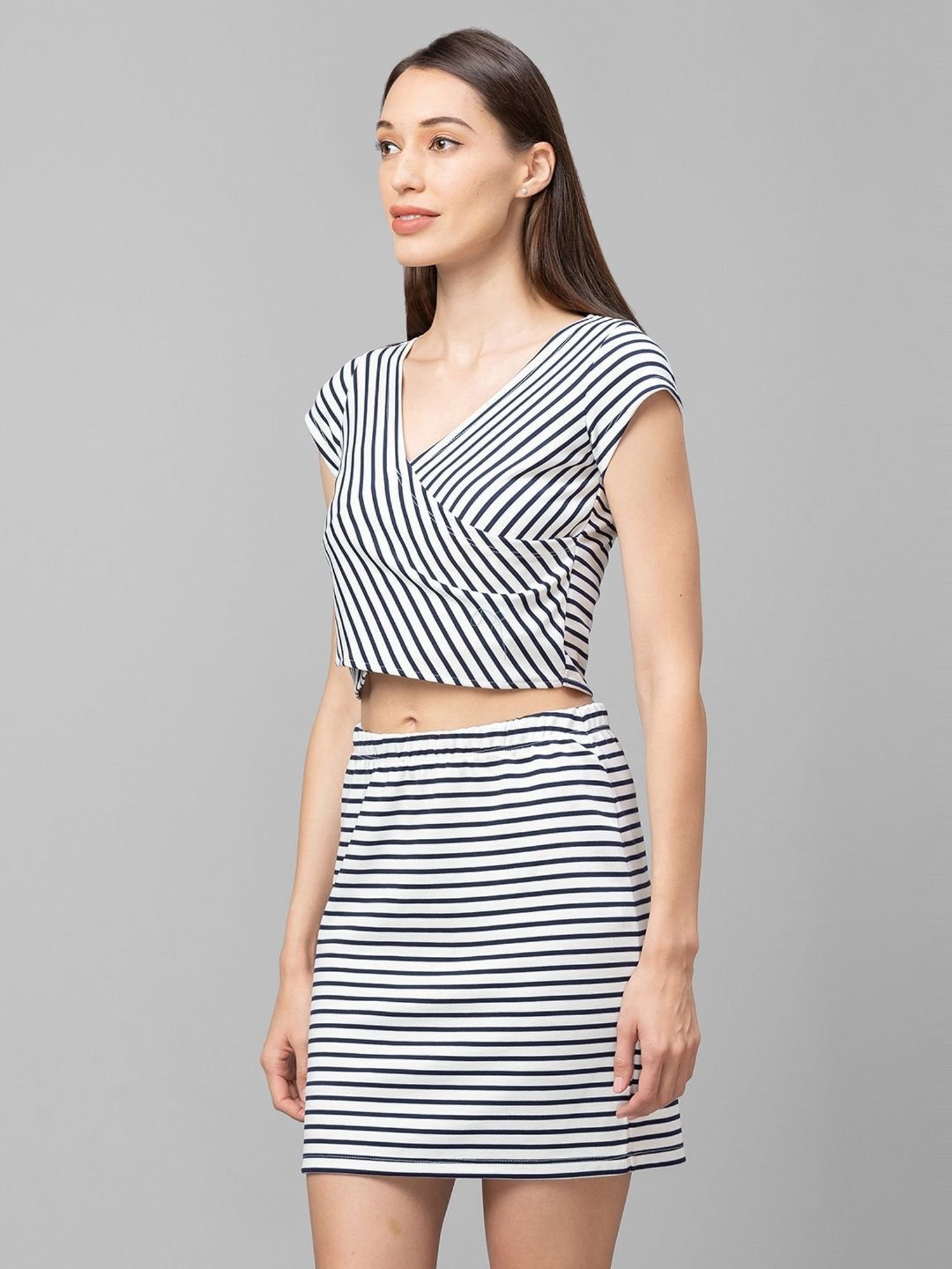 Globus White & Navy Striped Crop Top Skirt Co-Ord Set