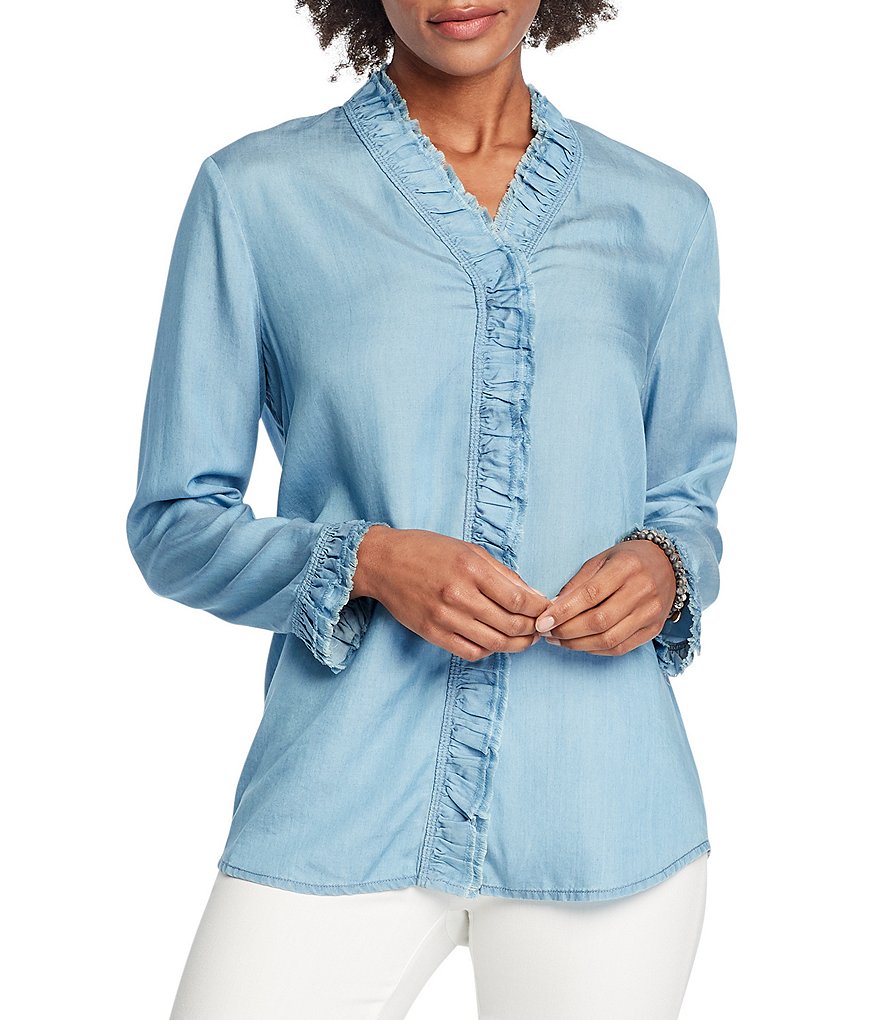 NIC + ZOE Woven Ruffled Up Denim Long Sleeve Stand Collar Shirt