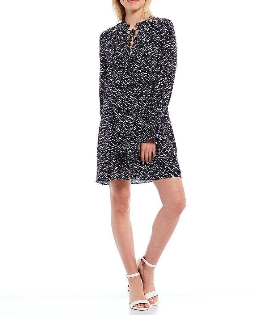 Sugarlips Rosa Dot Print Tie Keyhole Long Sleeves Tiered Shift Dress