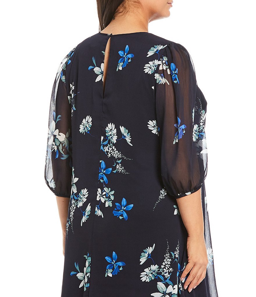 Calvin Klein Plus Size Crew Neck Floral 3/4 Balloon Sleeve Trapeze Dress