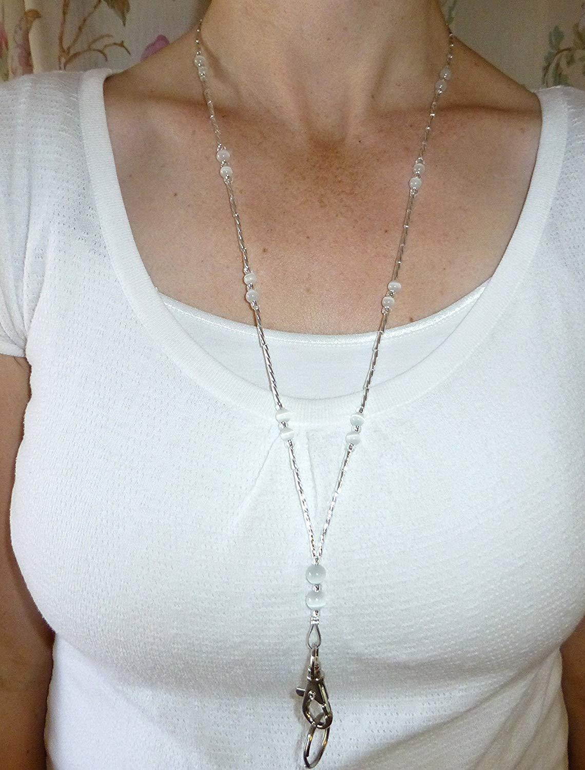 Hidden Hollow Beads, Simple Black, Women's Fashion Beaded Lanyard Necklace, 34", Key and ID Badge Holder (White - Non Breakaway (Stronger))