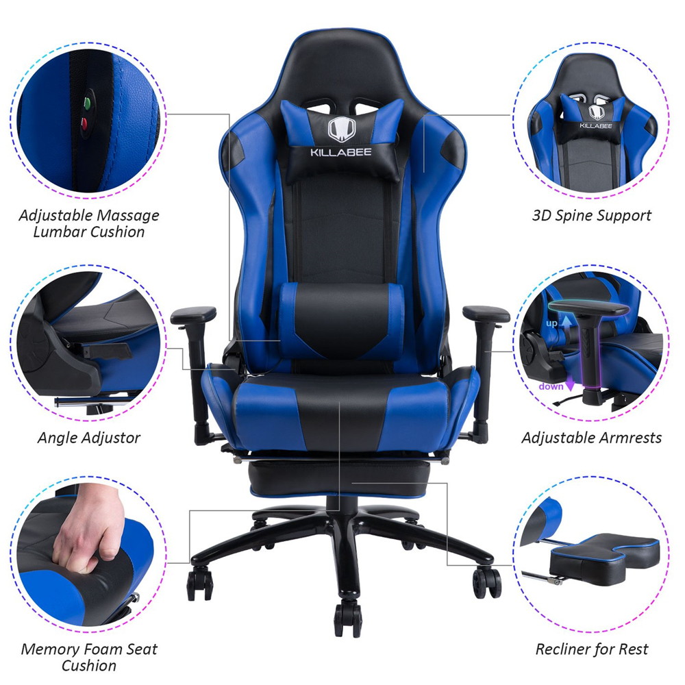 KILLABEE Big and Tall 350lb Massage Gaming Chair Metal Base - Adjustable Massage Lumbar Cushion, Retractable Footrest High Back Ergonomic Leather Racing Computer Desk Executive Office Chair(Blue)