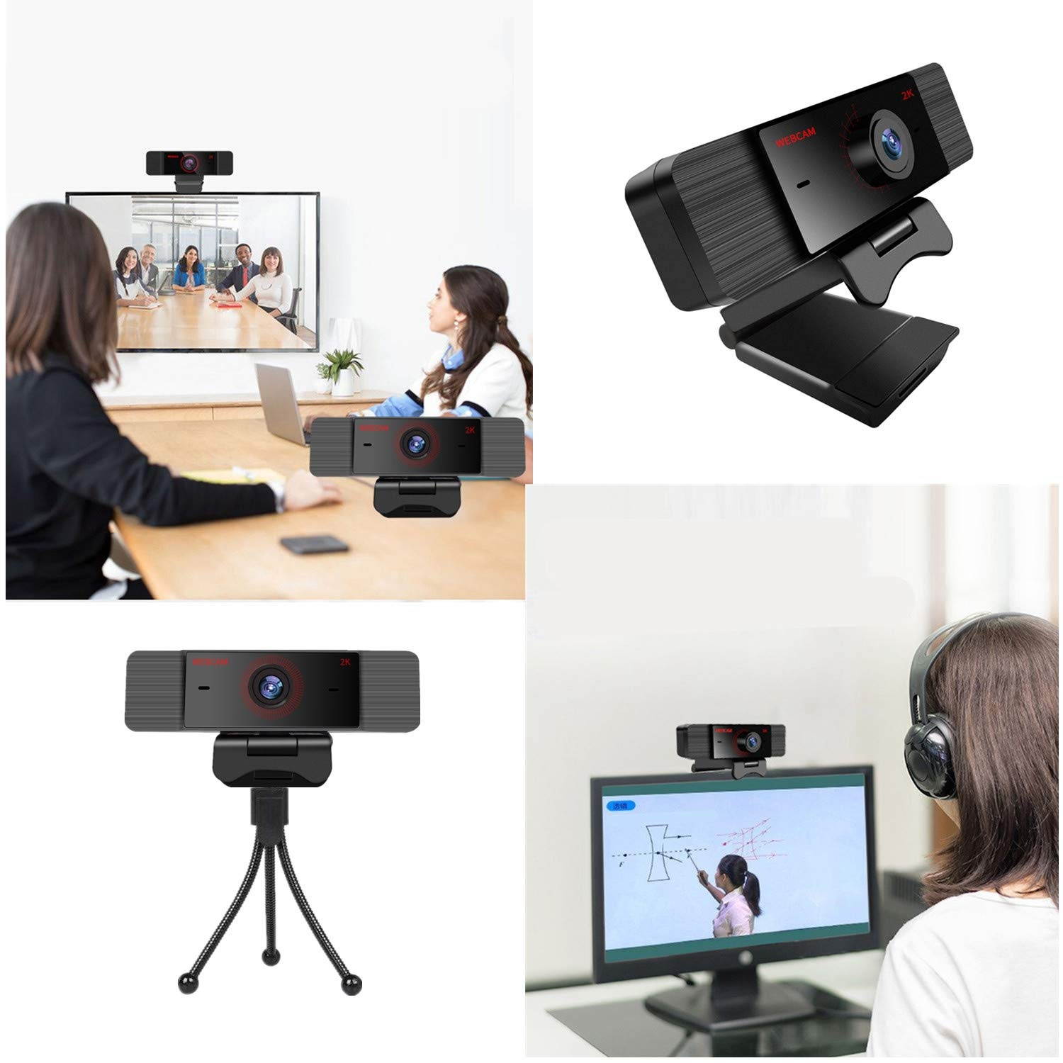 2K Webcam with Microphone for Computer Laptop Mac with Cover and Tripod, Computer Streaming Web Camera 150&deg; Wide Angle, 360&deg; Rotatable Webcam for Video Conference, Webcast, Podcast, Gaming-25601440