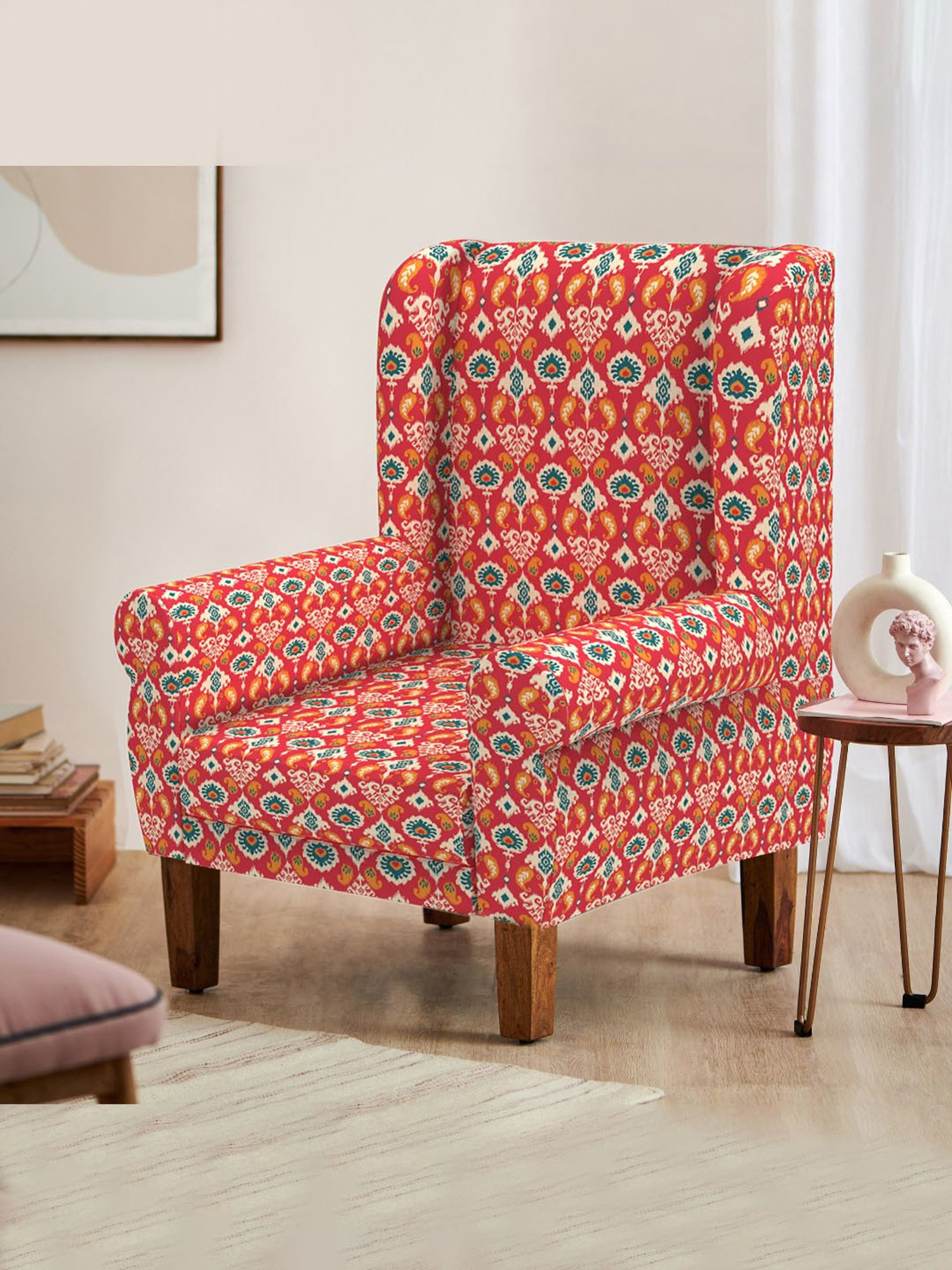 Chumbak Ikat Red Sheesham Wood Begum Wing Chair