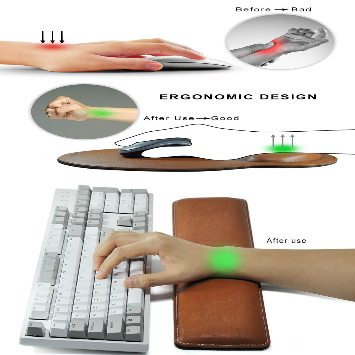 MAIDERN Gaming PU Mouse Pad Anti-slip Base Smooth Surface Ergonomic Design With Soft Memory Foam Keyboard Wrist Rest For Office Typist - Brown