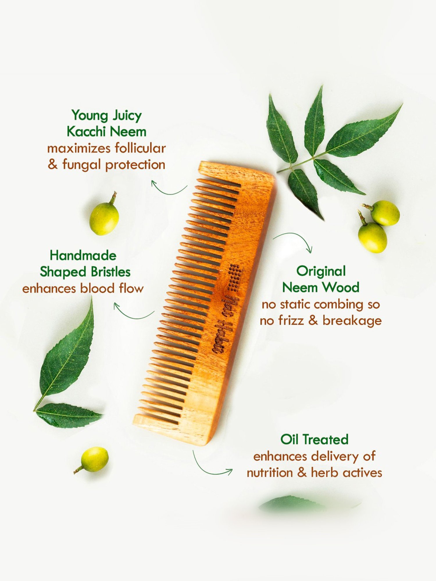 Nat Habit Kacchi Neem Wodden Fine Tooth Pocket Comb - Pack of 2