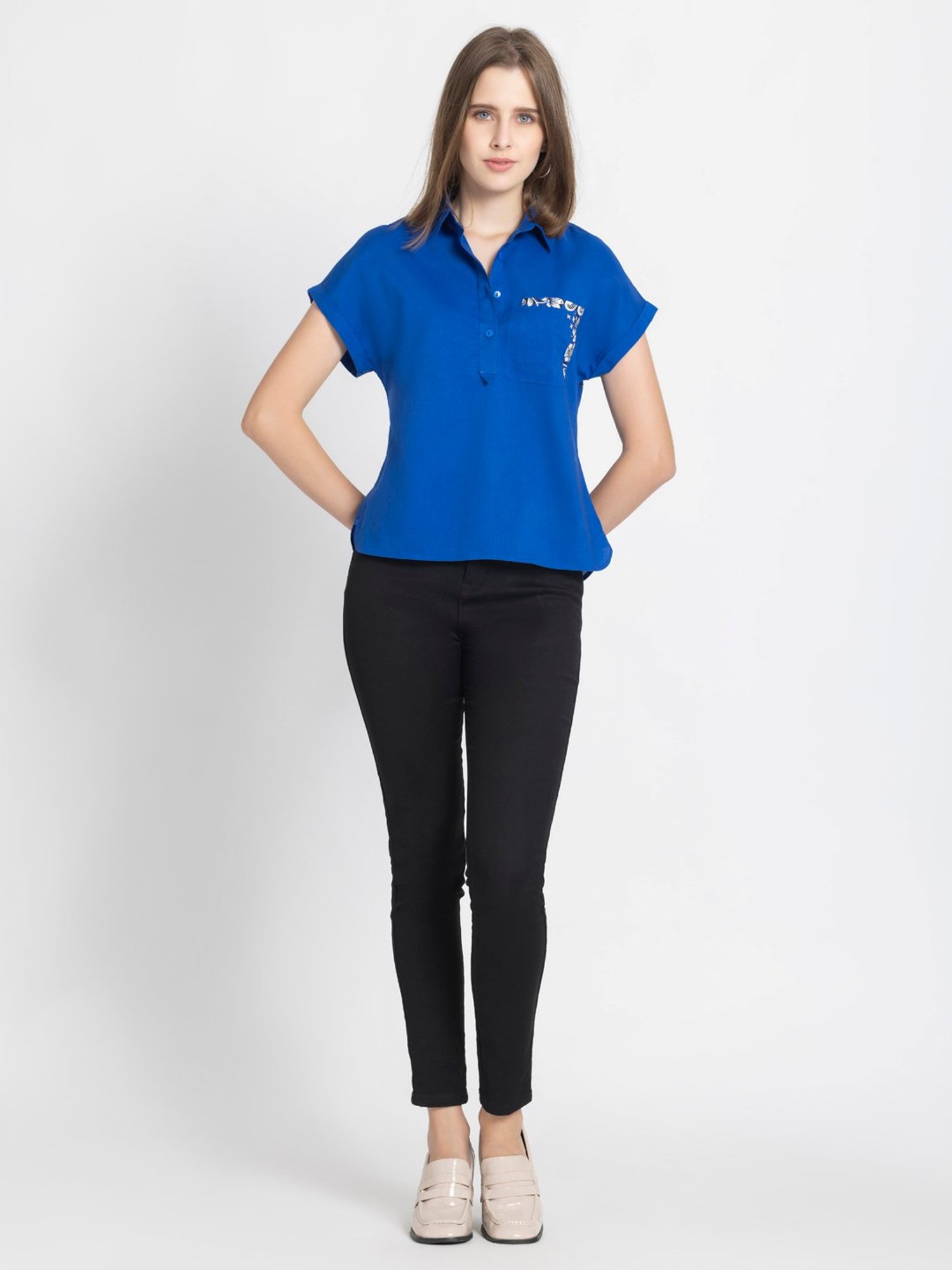 SHAYE Blue Cotton Floral Print Top