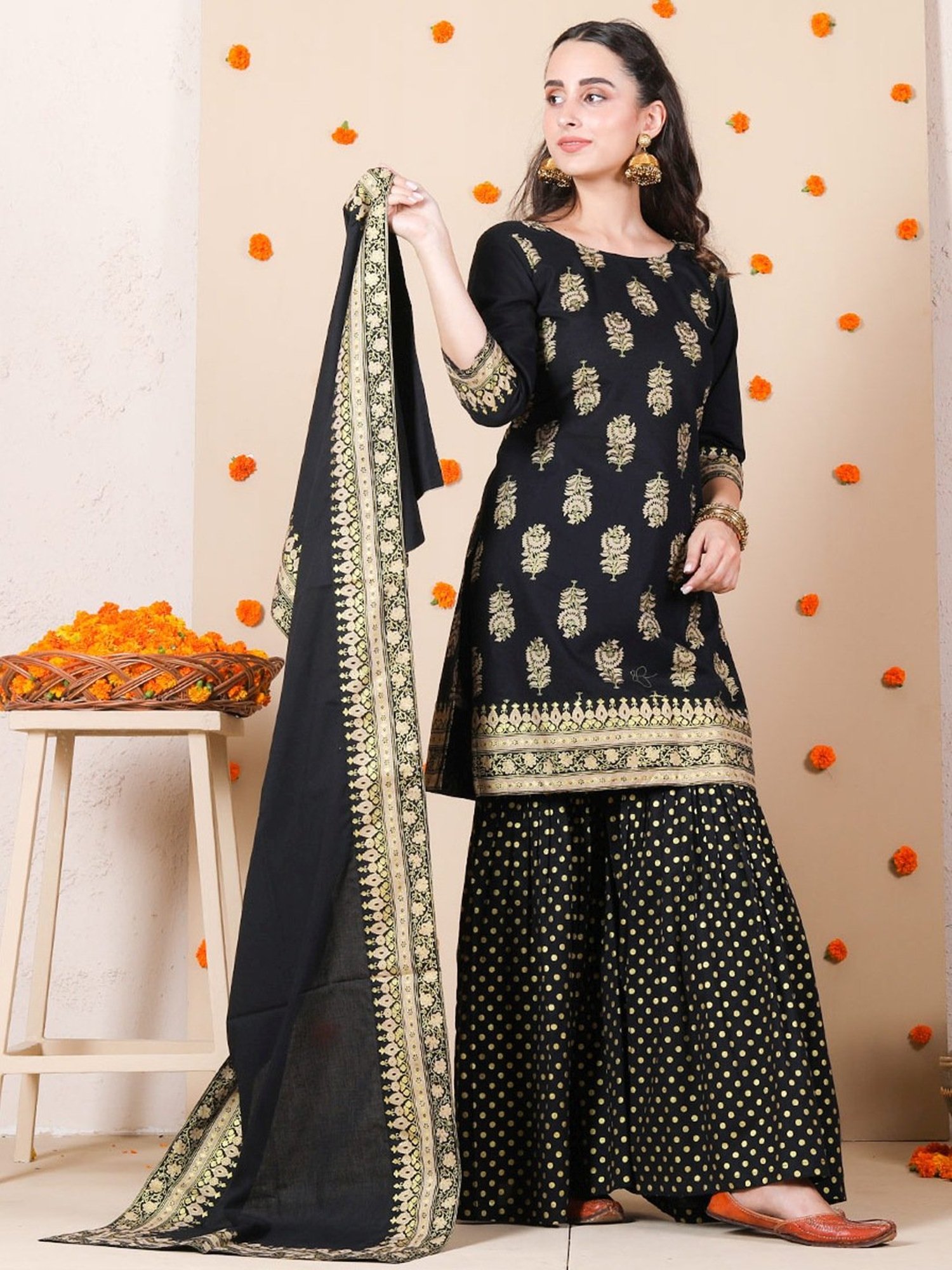 Rustorange Black Printed Kurti Sharara Set With Dupatta