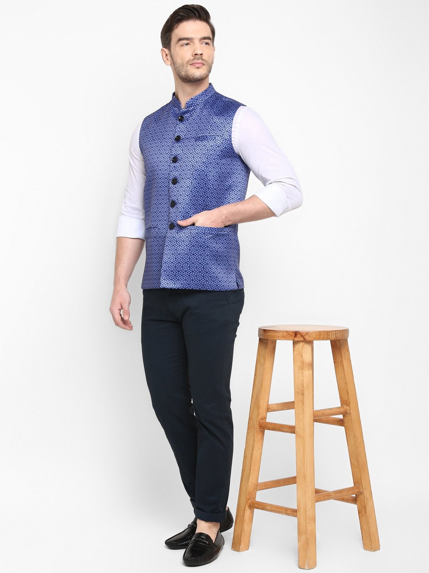 Hangup Plus Indigo Regular Fit Printed Nehru Jacket