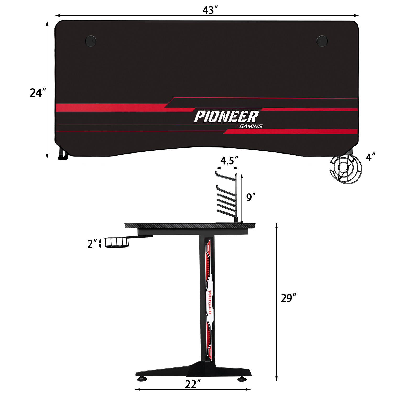 Devoko 43 Inch Gaming Desk T-Shaped PC Computer Table with Free Mouse Pad Carbon Fibre Surface Home Office Desk Gamer Table with Game Handle Rack Headphone Hook and Cup Holder (Black)
