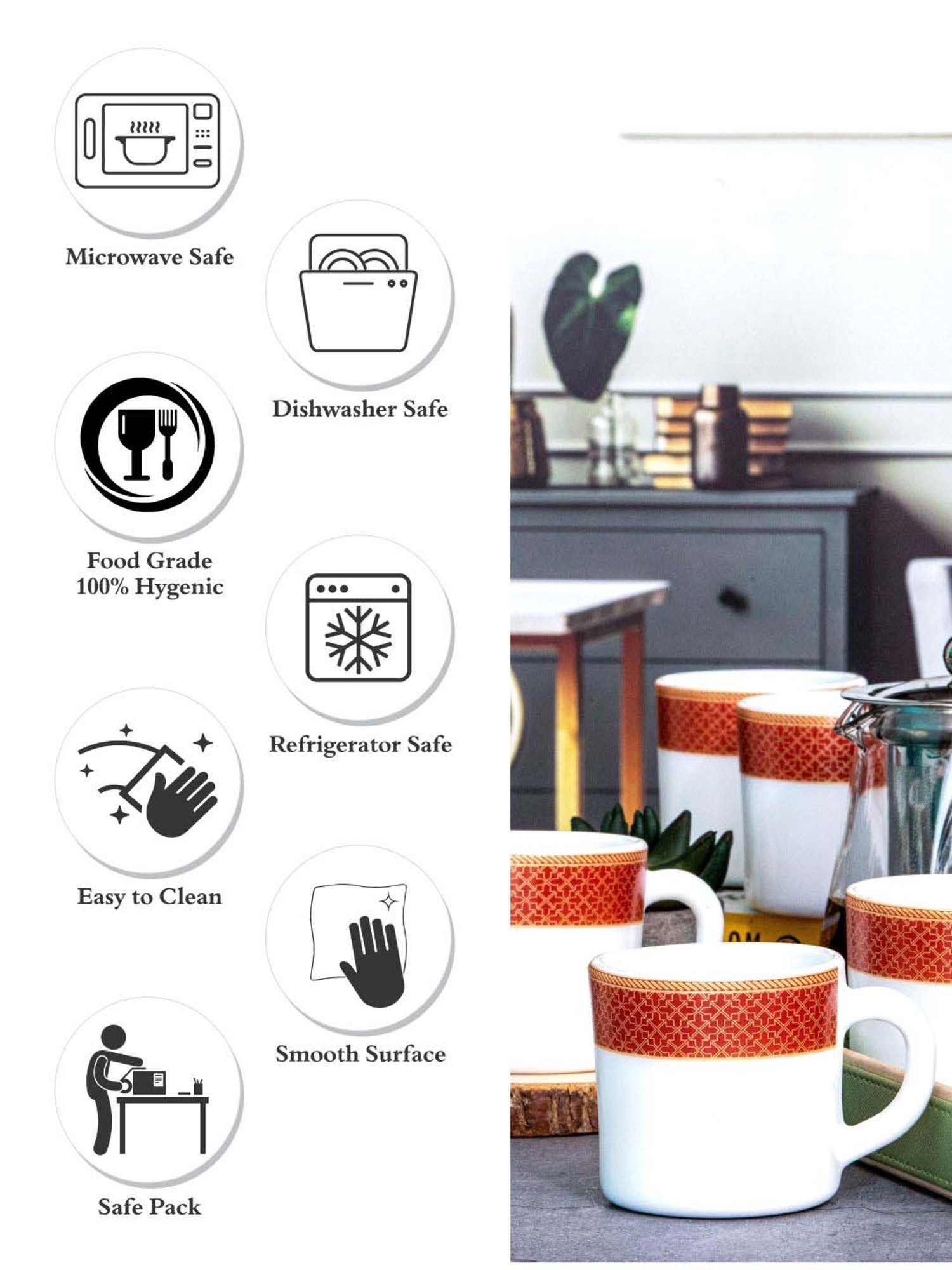 Cello White & Red Opalware Solitaire Tea Mug (0.18 L) - Set of 12