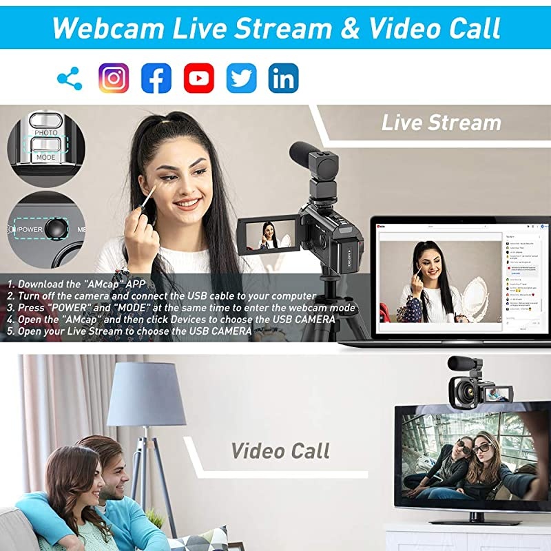 Camera Camcorder for YouTube FHD 1080P 30FPS 24MP Digital Vlogging Camera 16X Digital Zoom 30 Inch 270&deg; Rotation Screen Recorder with Lens Hood Microphone Remote Control 2 Batteries