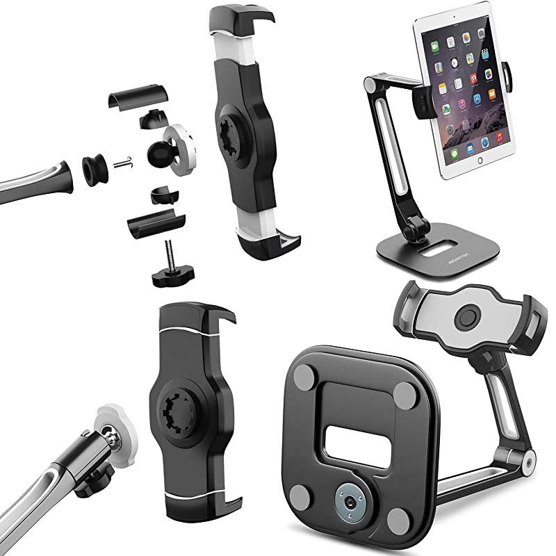 Long Arm Aluminum Tablet Stand, Folding iPad Stand with 360&deg; Swivel iPhone Clamp Mount Holder, Fits 4-11" Display Tablet/Phones for Kitchen Table Bedside Office Desk POS Kiosk Reception
