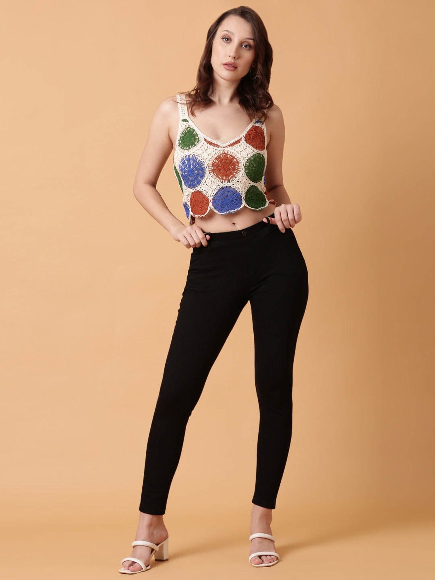 SHOWOFF Brown & Cream Self Design Crop Top