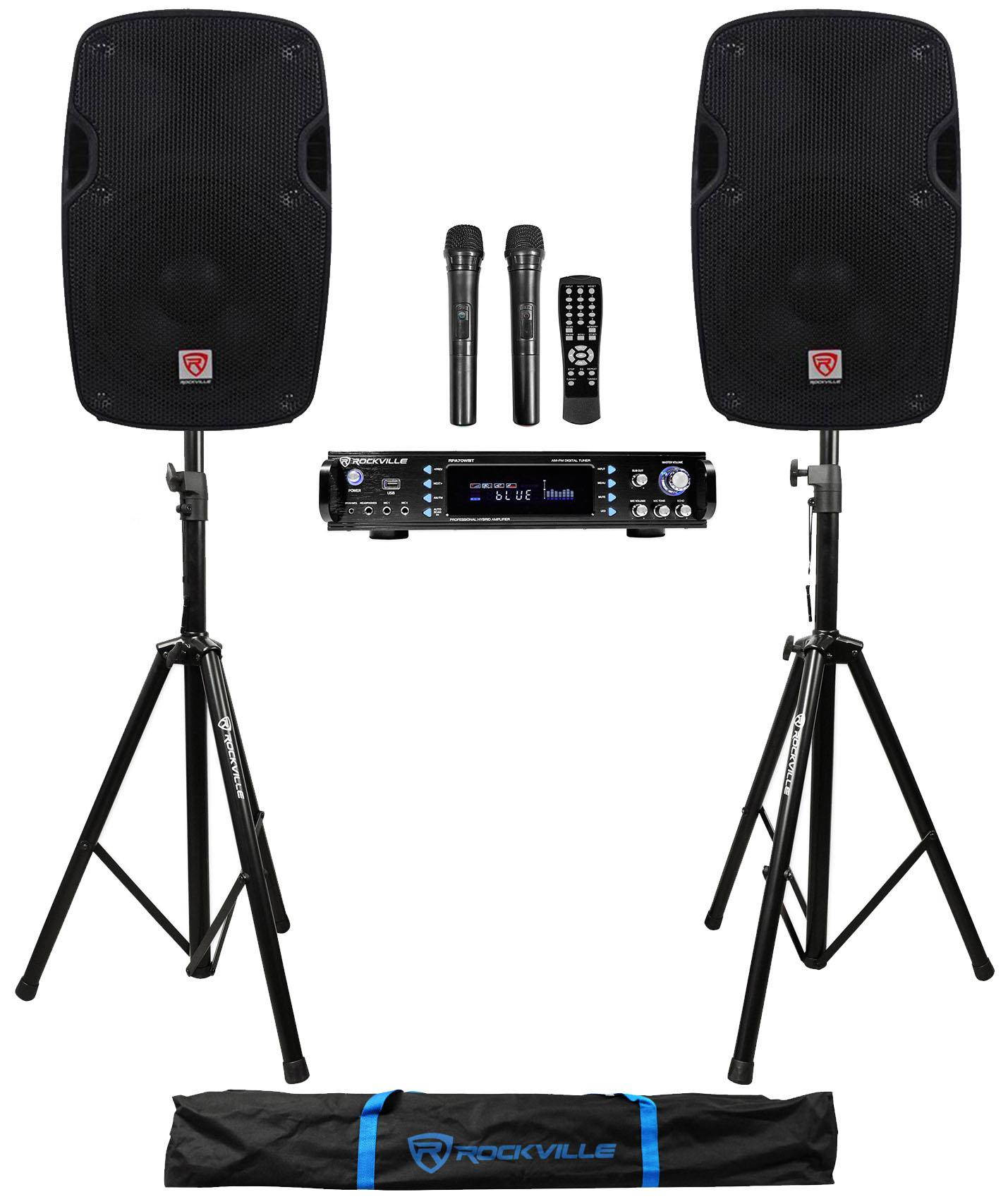Rockville  Bluetooth Karaoke Amplifier/Mixer(2) VHF Mics+(2) 8" Speakers+Stands