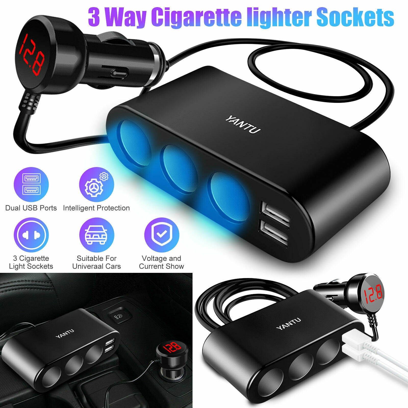 2 USB 3.1A Car Cigarette Fast Charger Lighter Socket Splitter 12V Power Adapter