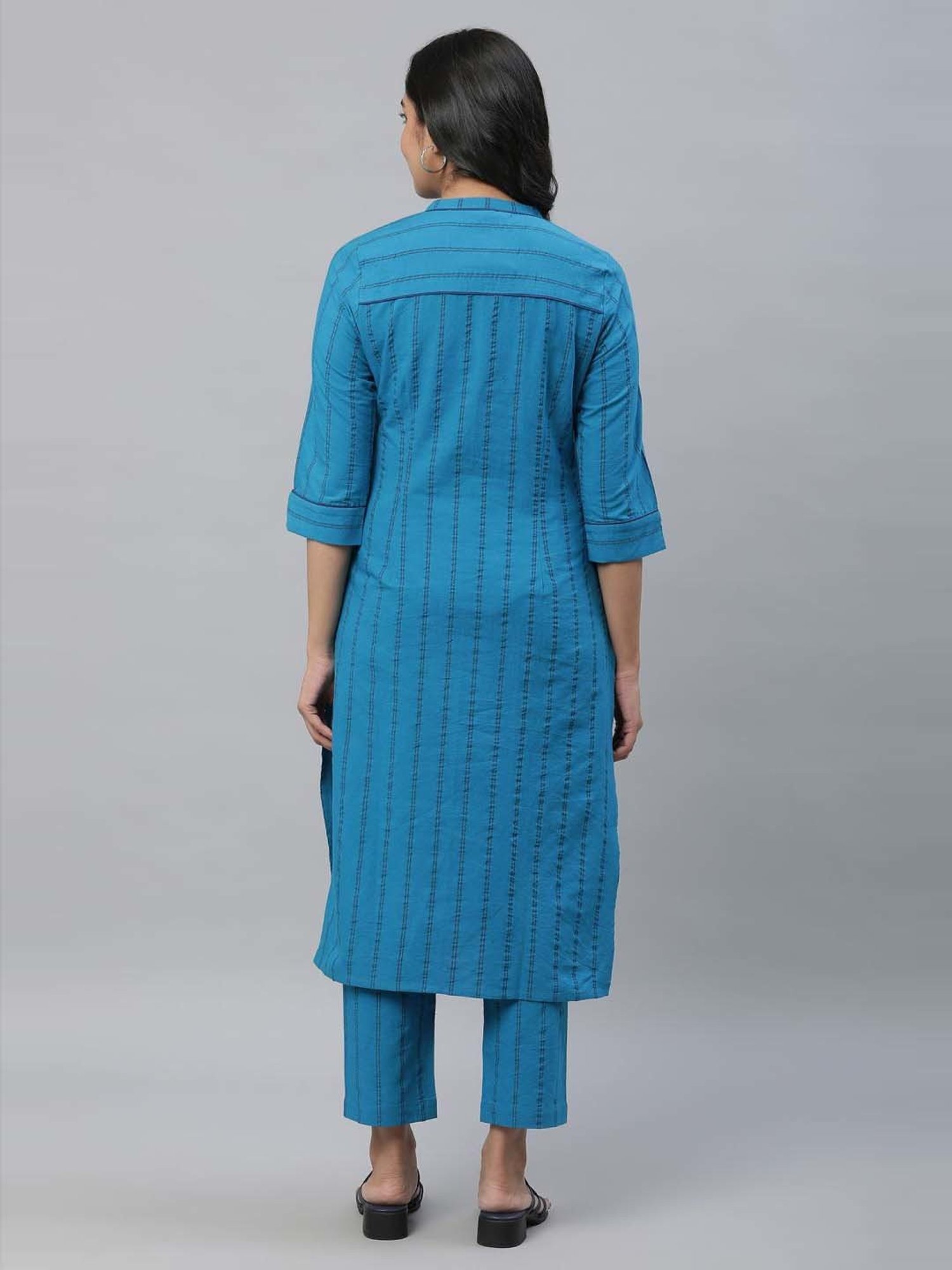 Aurelia Blue Cotton Striped Kurta Pant Set