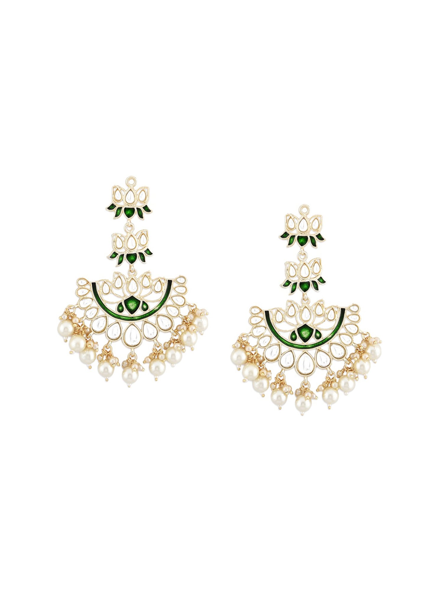 Zaveri Pearls Green Meenakari Lotus Design Kundan Earring & Maangtikka Set