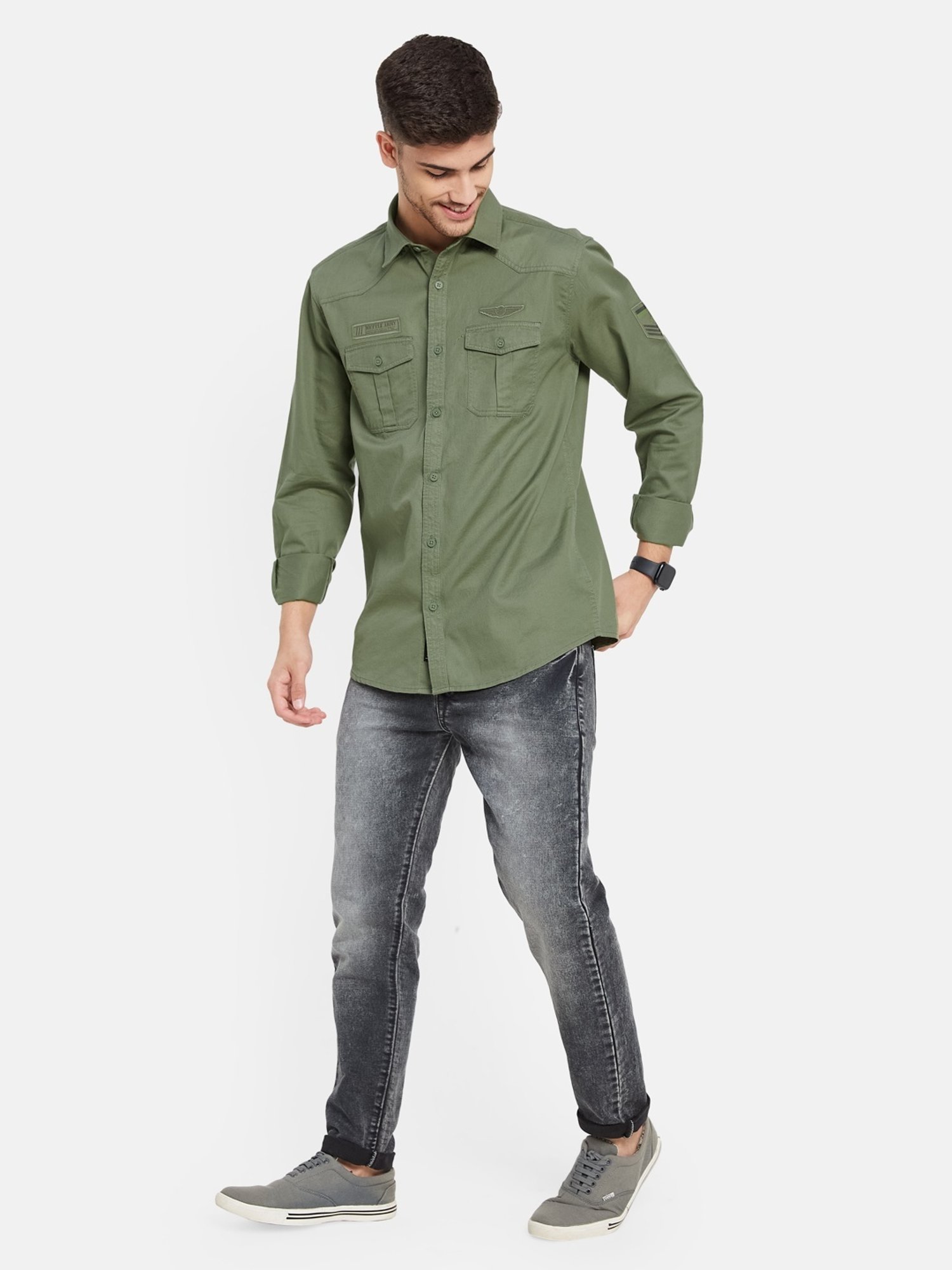 METTLE Olive Cotton Regular Fit Shirt