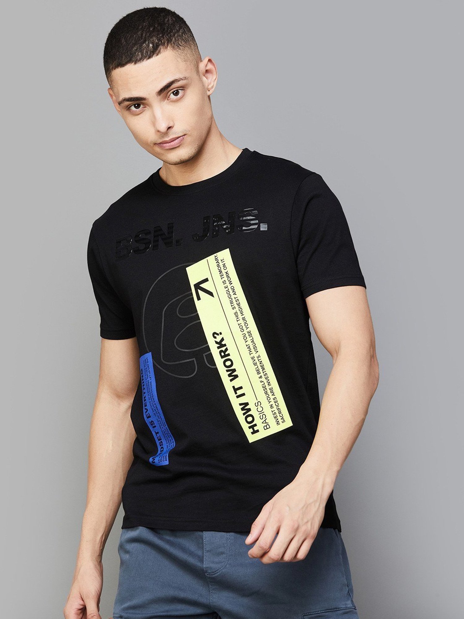 Bossini Black Cotton Regular Fit Printed T-Shirt