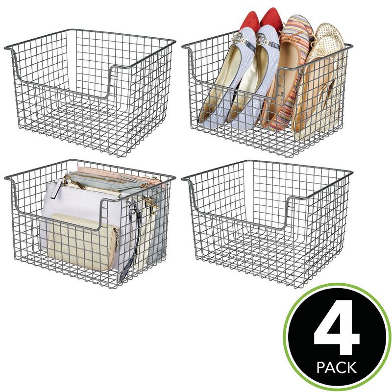 mDesign Wide Metal Storage Organizer Basket - Open Front, Closets, 4 Pack - Gray