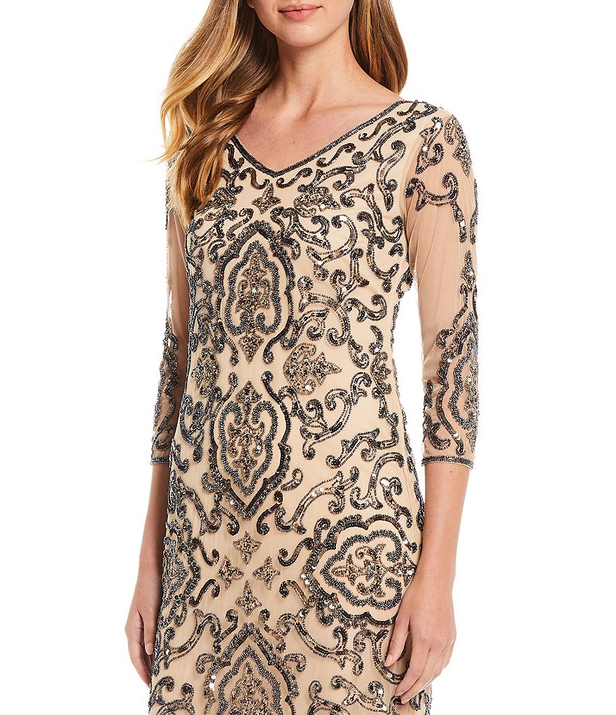 Pisarro Nights V-Neck 3/4 Sleeve Beaded Sheath Midi Dress