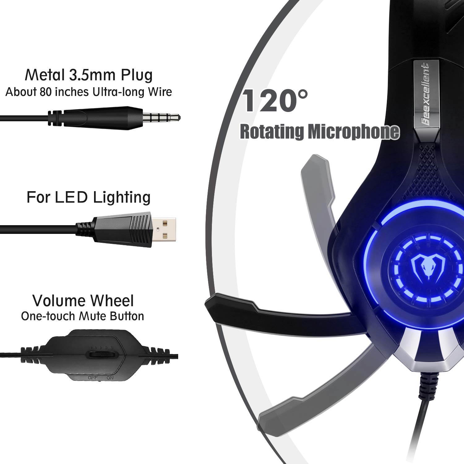 Beexcellent GM-1  Gaming Headset for PS4 Xbox One PC Gaming Headphone with Crystal Stereo Bass Surround Sound, LED Lights & Noise-Isolation Microphone