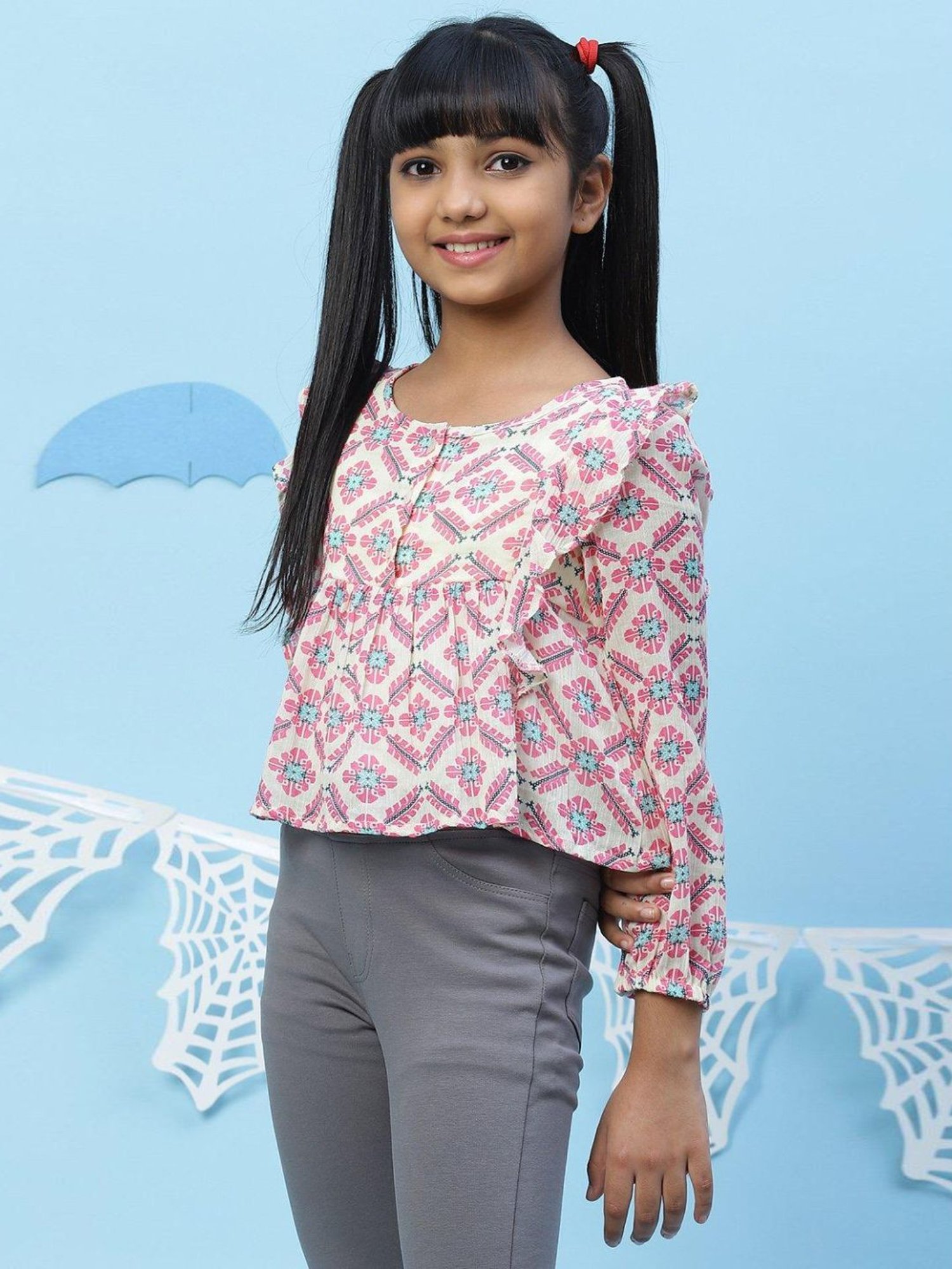 BIBA Girls Pink & Cream Cotton Printed Top