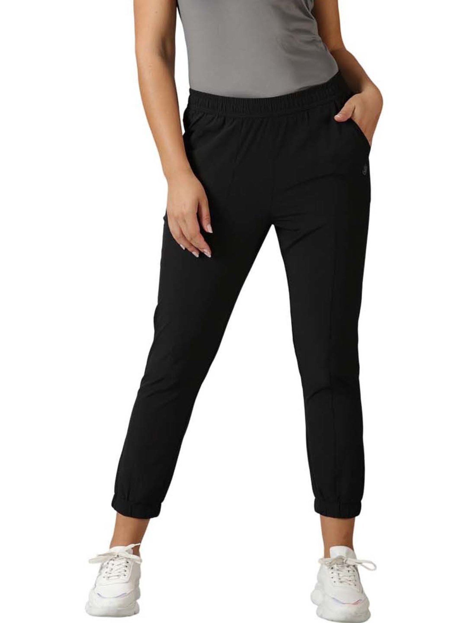Domin8 Women Solid Running Black Track Pants With Elasticated Waist & Pockets