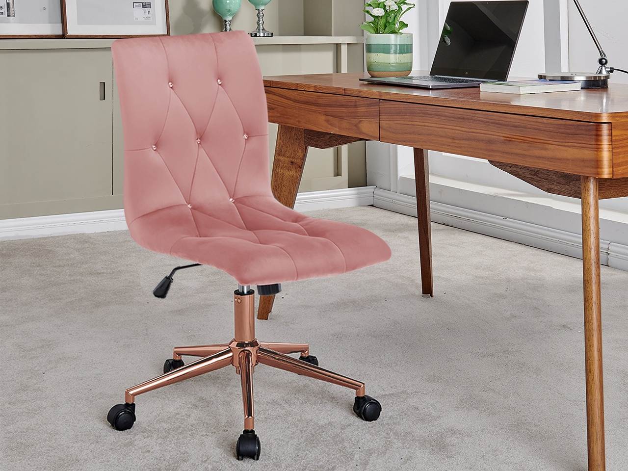 Swivel Height Adjustable Task Chair Armless Velvet Tufted Office Chair
