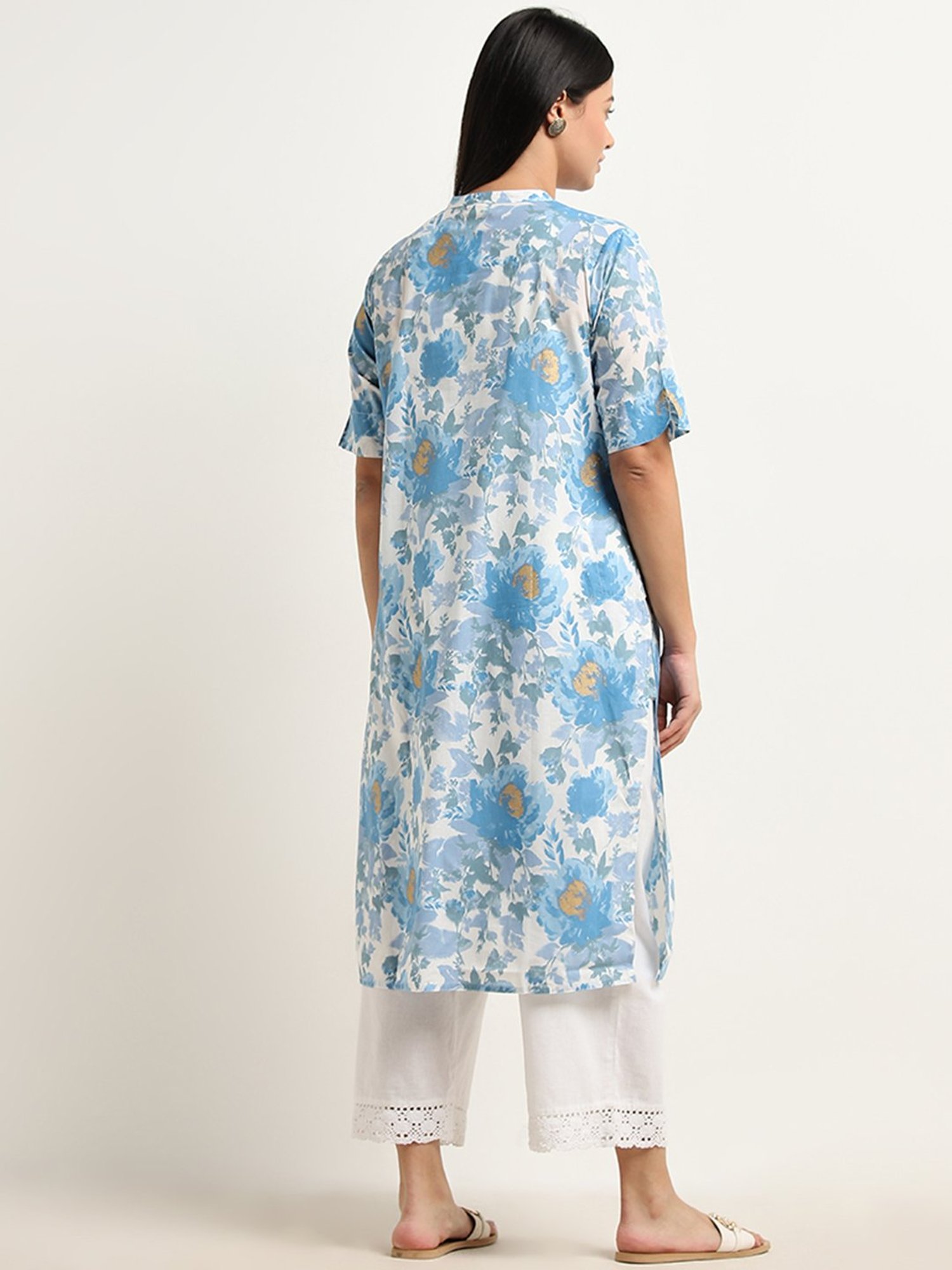 Diza by Westside Blue Floral Printed Straight Cotton Kurta
