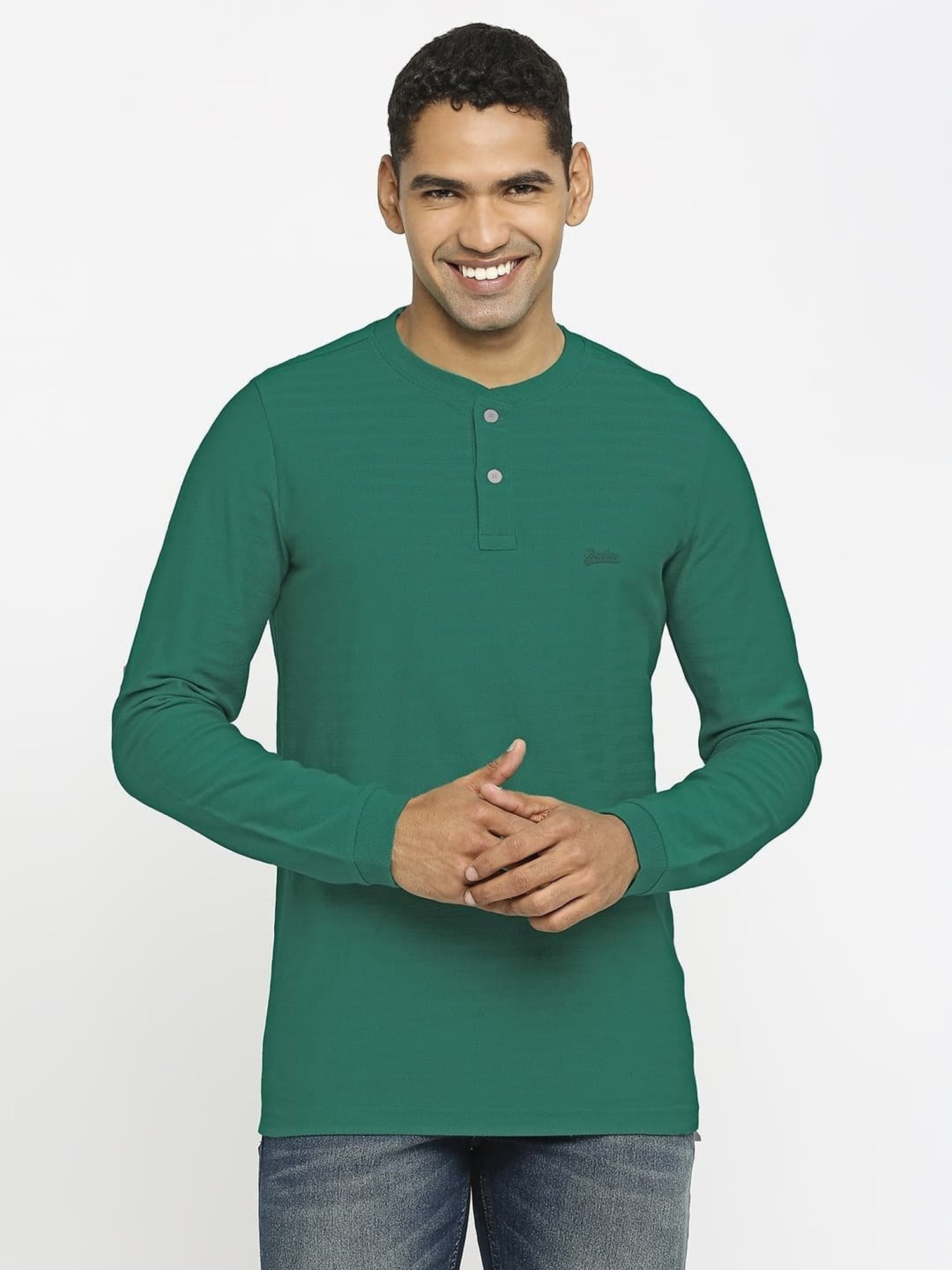 Basics Green Cotton Muscle Fit Henley T-Shirt